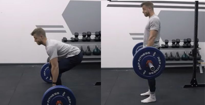 Nâng thanh tạ khỏi sàn và hít vào, siết Core để đưa thanh tạ lên