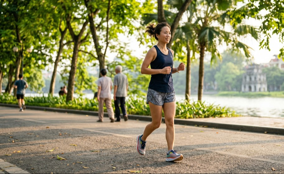 Thả lỏng tay tự nhiên khi chạy bộ, không cần nắm tay chặt